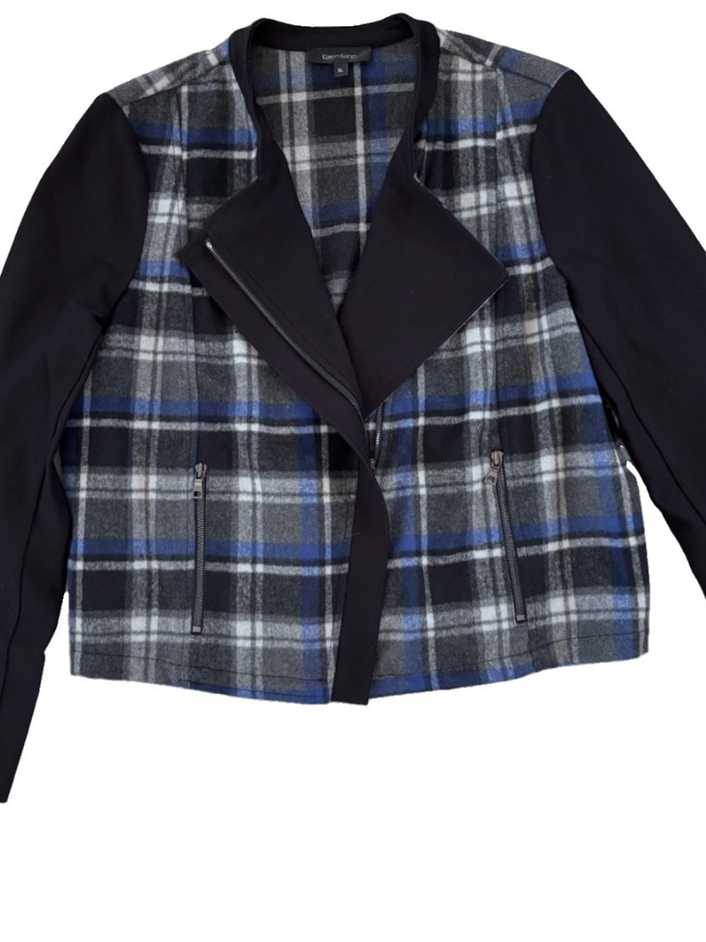 Karen Kane Asymmetric Wool Blend Zip Black, Blue, Gray Plaid Jacket XL EUC